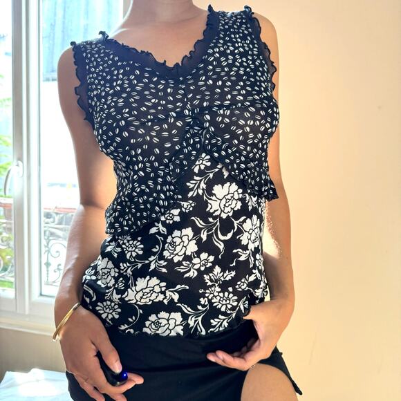 Vintage 00s euro floral print sheer mesh tank (S/M) - Picture 1 of 6